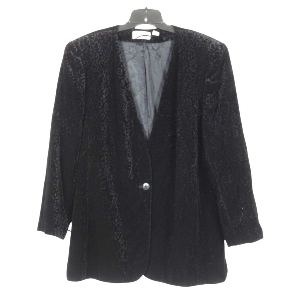 VTG ELISABETH LIZ CLAIBORNE Black VELVET Floral Burnout Print 1-BUTTON Jacket 1X